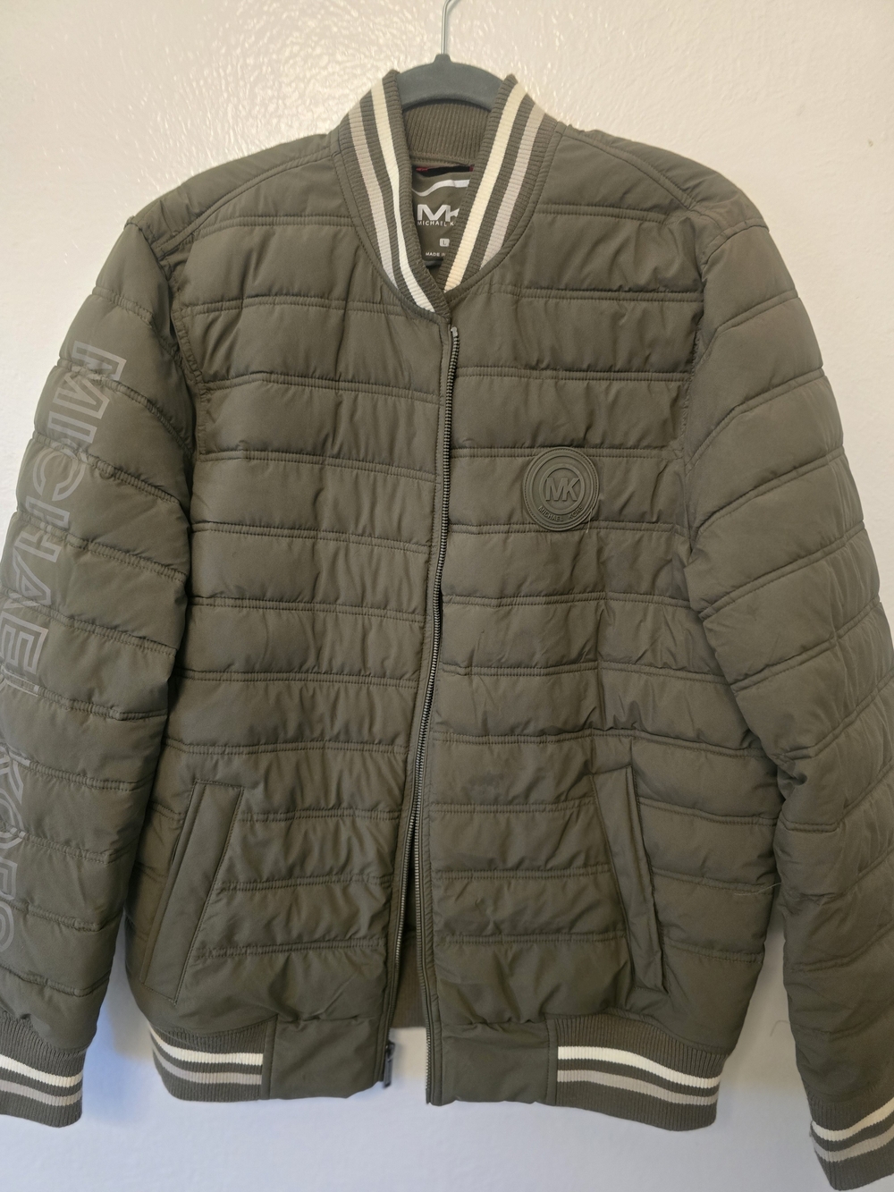 Michael Kors Olive Quilted Bomber Jacket with Striped Trim
